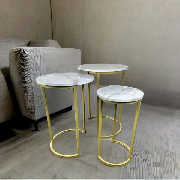 Rafaelo Mobilia Set Of 3 Gold Nesting Tables With Faux Marble Top