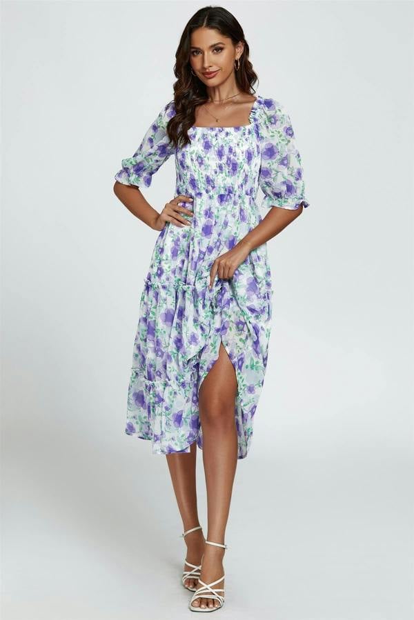 FS Collection Floral Print Bardot Puff Sleeve Elasticated Detail Midi Dress In White
