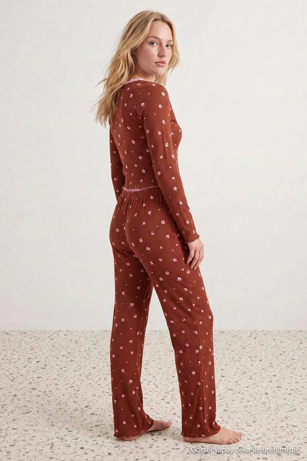 V Neck Long Sleeve Ribbed Pyjama Set