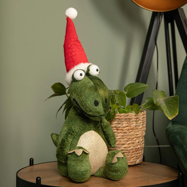 Samuel Alexander 48cm Green Sitting Christmas Dinosaur with Santa Hat