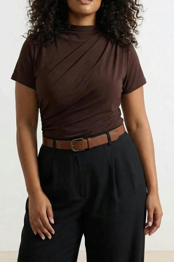 WOVCOR High Neck Gathered Knit Plus Size Blouse
