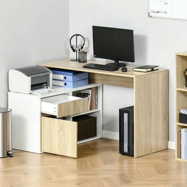 Oak and white corner desk with open shelves, drawer cabinet, and keyboard-ready work surface