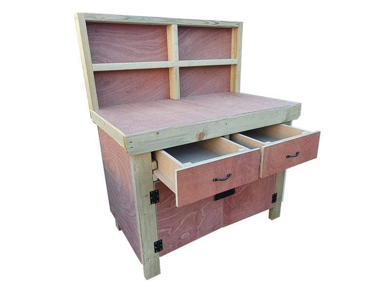 Arbor Garden Solutions Wooden Eucalyptus hardwood top storage workbench with lockable cupboard and drawers (V.4) with back
