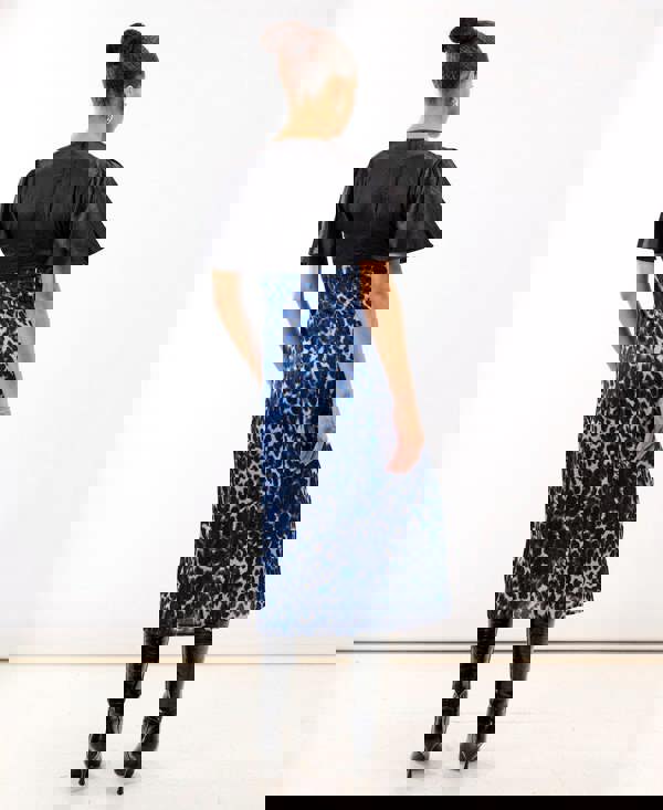 Blue Leopard Printed Satin Midi Dress