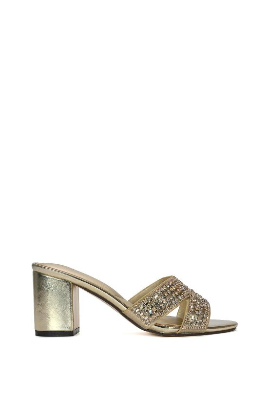 XY LONDON Sparkly Diamante Strappy Mid Block Heeled Sandal Mules - Gold