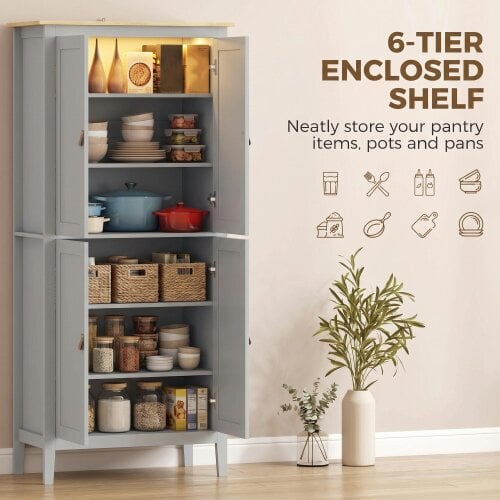 HOMCOM 176.5 cm Tall Freestanding Pantry Storage Cabinet with 4 Doors Grey