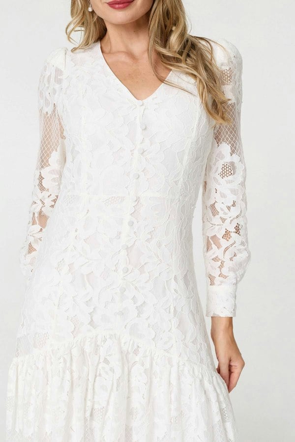 White | Floral Lace Layer Long Sleeve Maxi Dress
