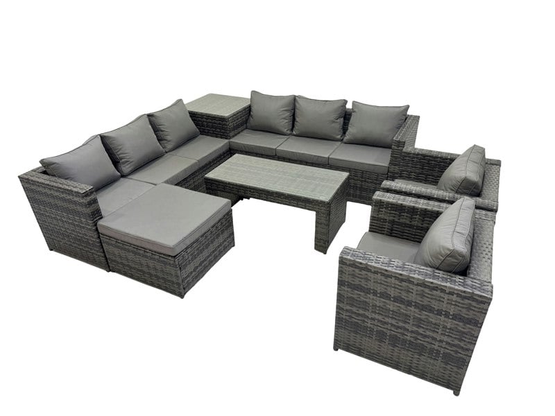 Fimous Garden Rattan Outdoor Furniture Set 9 Seater Patio Corner Sofa Oblong Coffee Table with Chair Big Stool Side Table Dark Grey