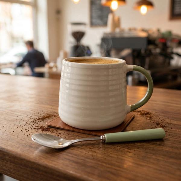 Ceramic Coffee Tea Mug 13oz Ribbing Textured Green Painted Handle x2