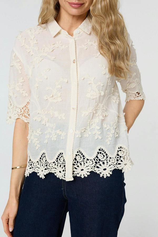 Cream | Floral Lace Texture 1/2 Sleeve Shirt