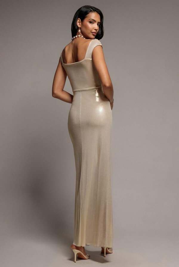 Goddiva Off The Shoulder Corset Wrap Corset Foil Maxi Dress - Gold by Goddiva