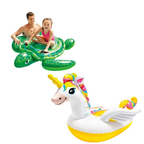 INTEX Inflatable Swim Pool Floats & Swimming Ride-On Kids Water Beach Toys Set - Unicorn And Sea Turtle Ride-On