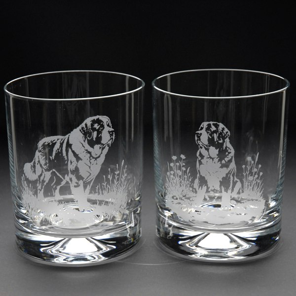 Glyptic Glass Art St. Bernard Dog Whiskey Tumbler Glass - Hand Etched/Engraved Gift