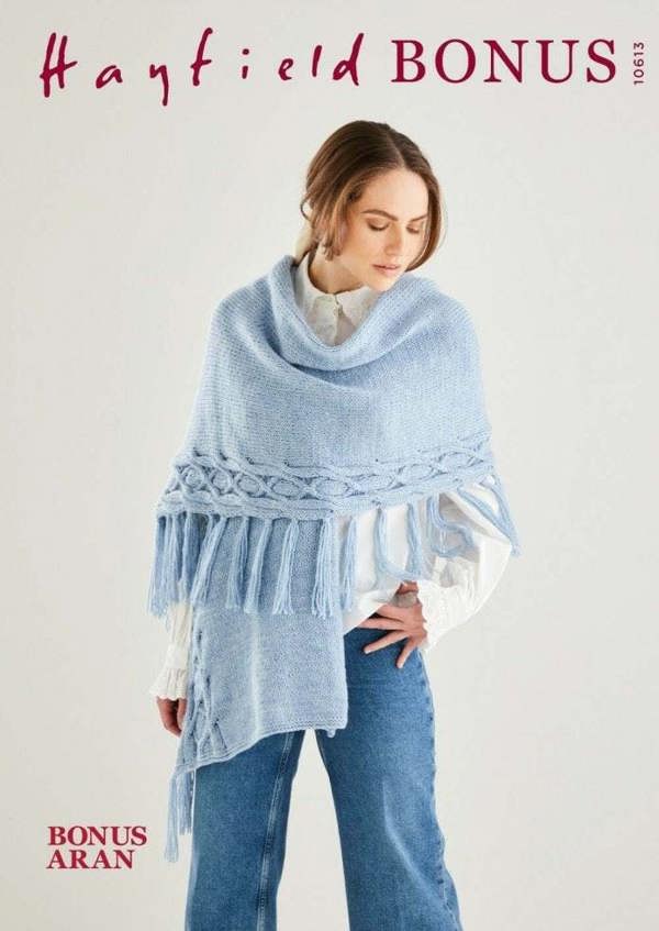 Hayfield Bonus Aran Knitting Pattern 10613, Shawls, Wraps for Women, 32 - 54 Inches - Intermediate