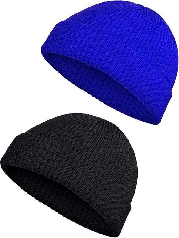 ATEK 2 Pack Fisherman Beanie Hat Short Trawler Skull Cap Black Blue