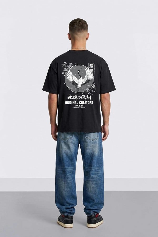 London Attitude Japanese Crane Oversized Heavyweight Back Print T-Shirt