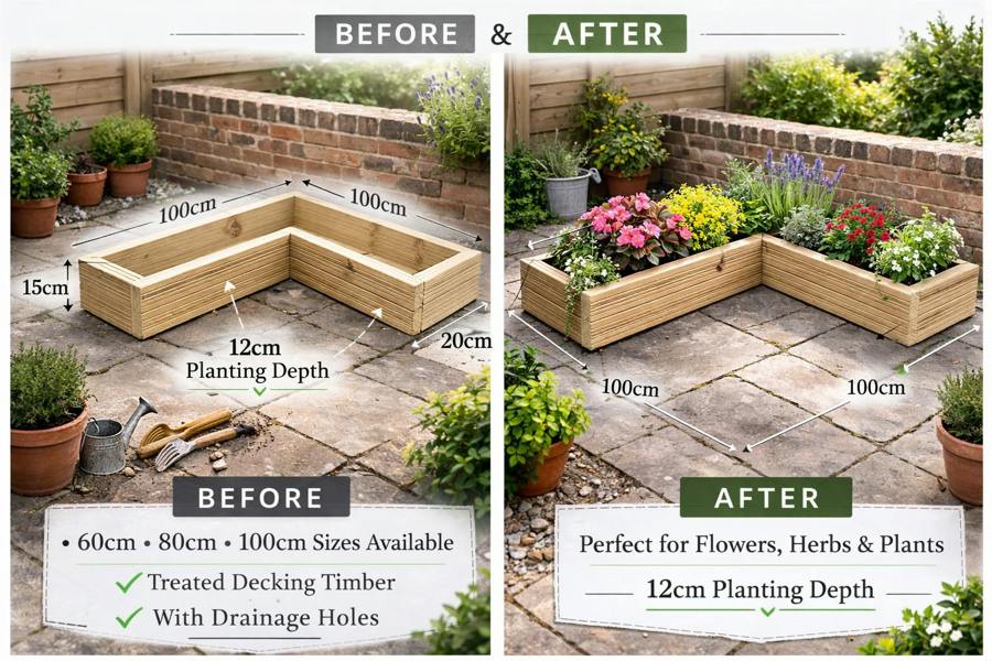 L-shaped decking corner planter 20cm wide 15cm high on white background dimension overlay and comparison