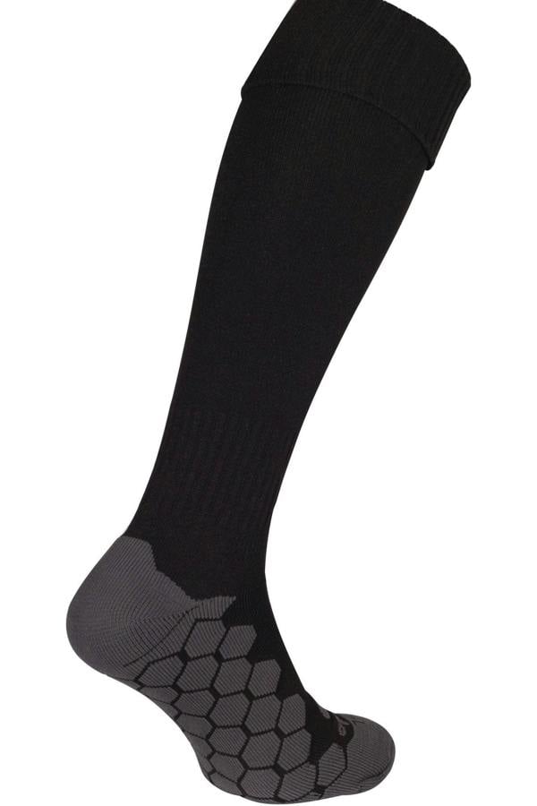 Single black Classico football sock, side view showing grey hexagonal grip sole on white - Optimum
