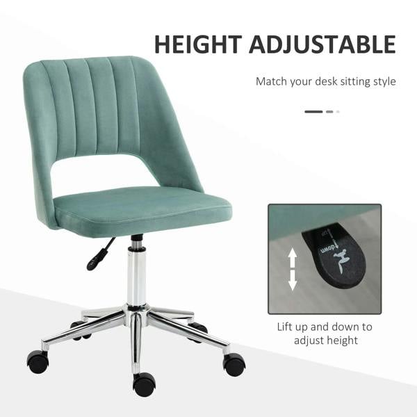 Green velvet mid-back office chair with height-adjust lever and padded seat on swivel base