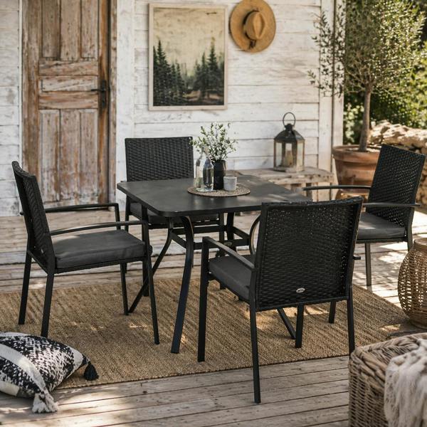 Wyld Haus Laresu 4 Seater Black Rattan 5 Piece Garden Dining Set With Cushioned Chairs