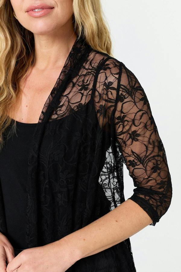 Black | Longline Lace Texture Waterfall Cardigan