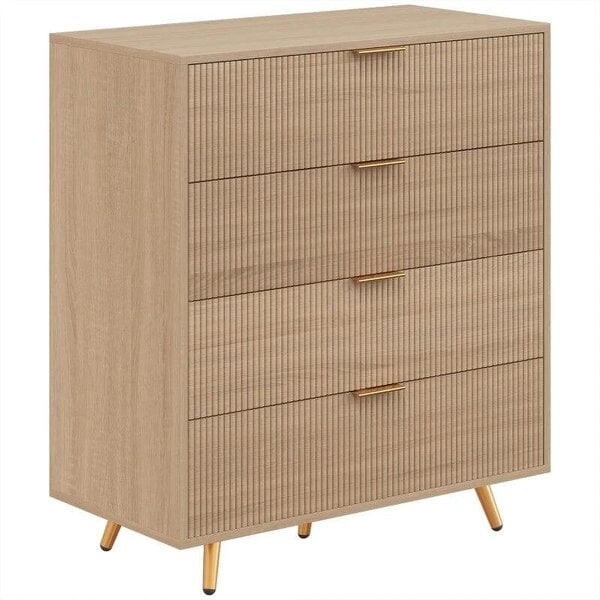 Bedroom Chest of Drawers with 4 Drawers, Fluted Dresser with Gold Tone Handles, Storage Cabinet, Natural