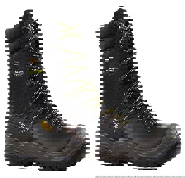 Grisport GriSport Dynamite Mens Tall Hi-Leg S3 Safety Steel Toe/Midsole Work Boots, black rugged waterproof work boots with steel toe and supportive midsole, featuring yellow and black laces for durability.