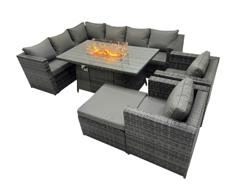 Fimous Rattan Garden Furniture Dining Set 9 seater Gas Fire Pit Dining Table Corner Sofa Set with Big Stool Dark Grey Mixed