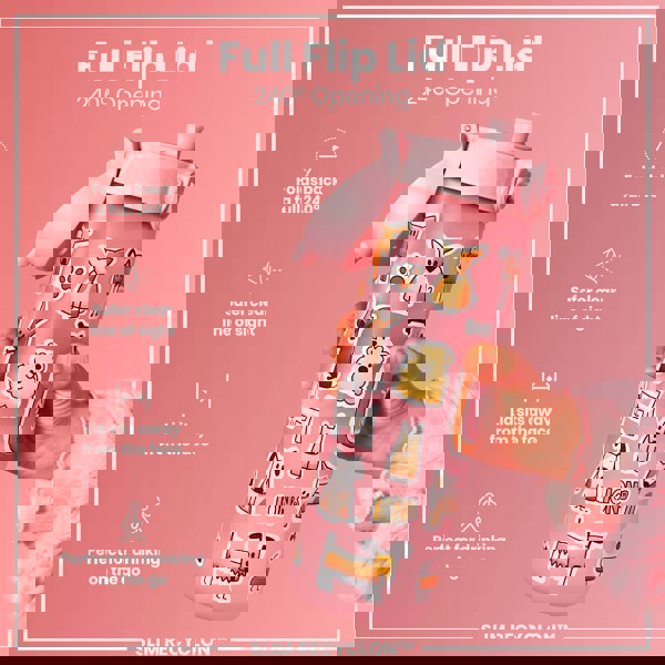 A pink water bottle, featuring a 240° flip lid and dog stickers, is held; the bottle's design prioritizes ease of use and visibility. The text reads "Full Flip Lid," "240° Opening," and "SLIM RECYCLON™".