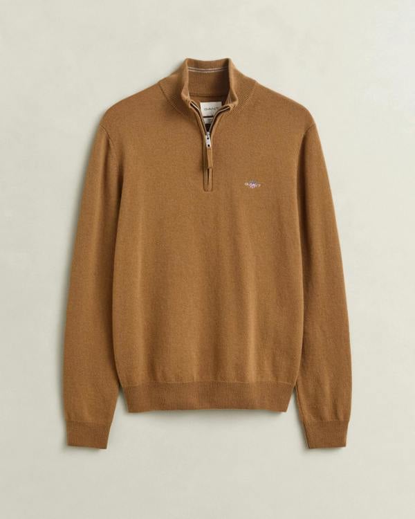 GANT Mens Superfine Lambswool Half Zip Sweater - 273 Caramel Brown | CHO | Designer Mens Half Zip Jumpers