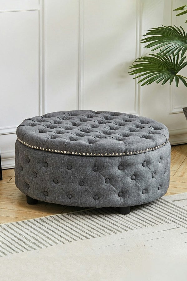 Living and Home Round Linen Deep Buttoned Footstool with Studded Edge