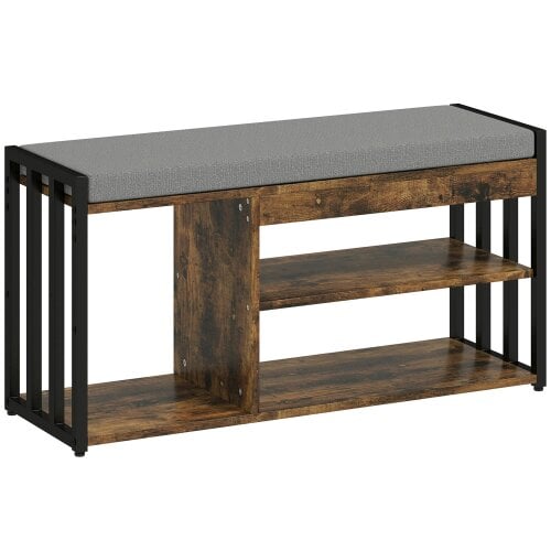 Wyld Haus Soli Wooden Rustic Brown Upholstered Shoe Bench With 3 Shelf and Grey Padded Seat