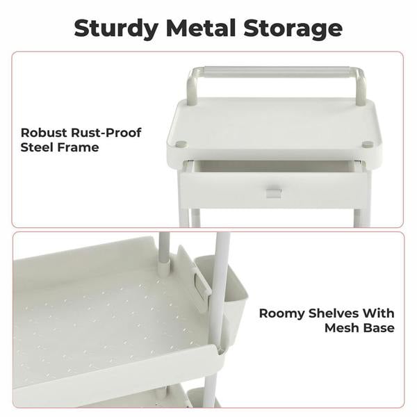 Levede 3 Tier Kitchen Trolley Cart on Wheels Metal Rolling Storage Island White
