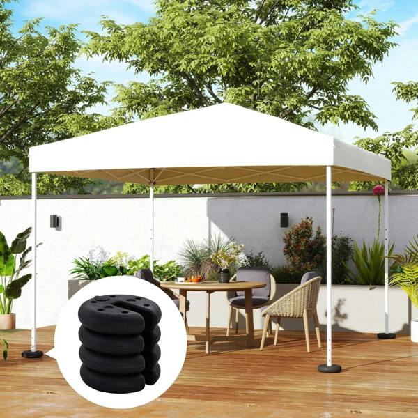 Black tent leg weight plates, stacked set, shown in a circular inset detail