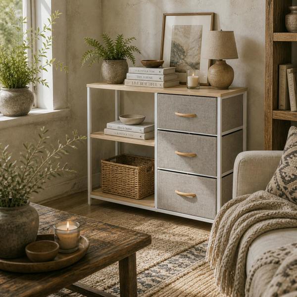 Wyld Haus Pasaha White Metal and Natural Wood Storage Chest With 3  Grey Fabric Drawers and 2 Shelvess