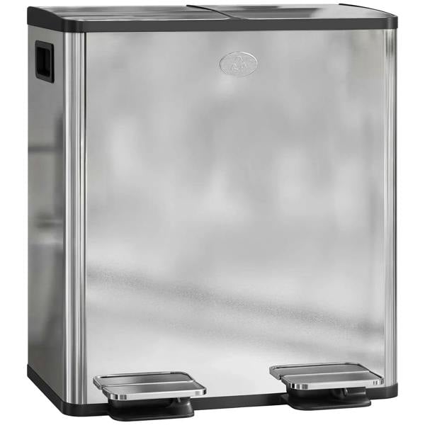 Silver tone stainless steel 40L dual-compartment bin with deodoriser holders, front view