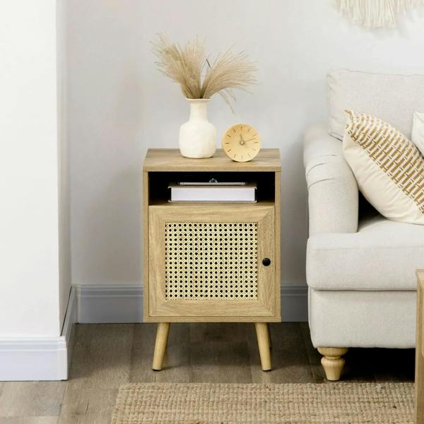 Natural wood bedside table with rattan door and open shelf, on slim tapered legs