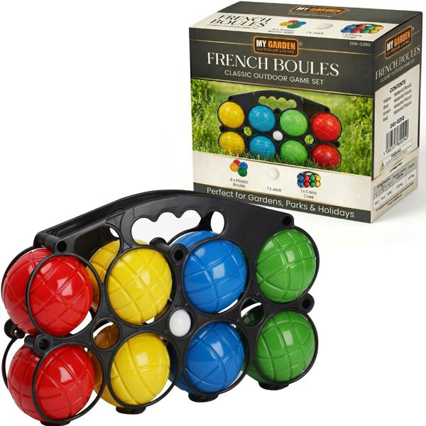 My Garden Outdoor Living French Boules Set 8x Plastic Bocce Balls, 1x Jack & 1x Carry Case - Water Filled Petanque Boules Set for Garden Game, Beach