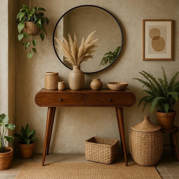 Wyld Haus Como Chestnut Mango Wood OvalcConsole Table 2 Drawers
