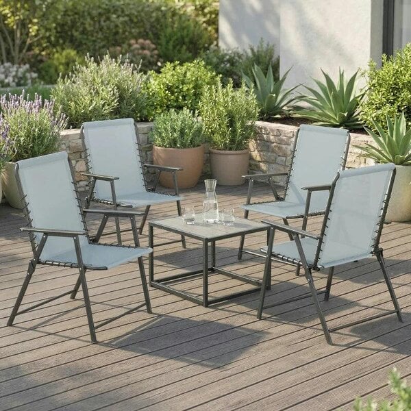 Folding Garden Chairs Set of 4, Outdoor Dining Chairs with Wide Texteline Seat, High Back and Armrests, Light Grey