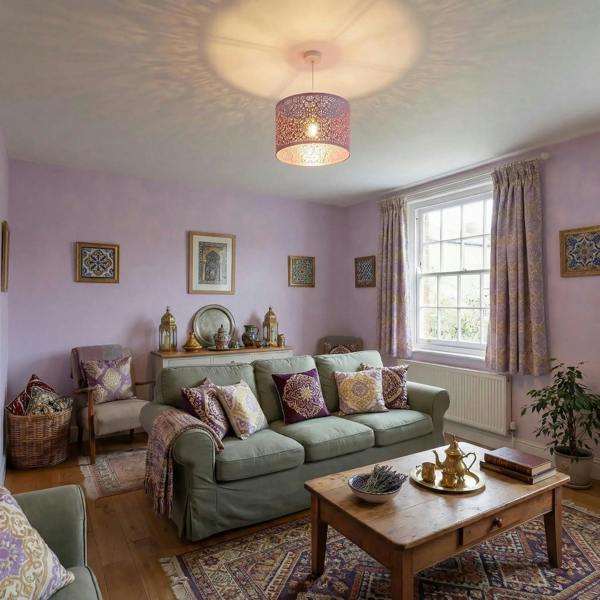 Lavender Lilac Moroccan Metal Pendant Lamp Shade with Floral Decor Image 6