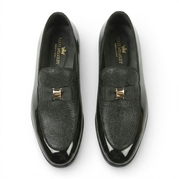 Dolcetto Mens Black Textured Front Iconic Buckle Bow Loafers Shoes