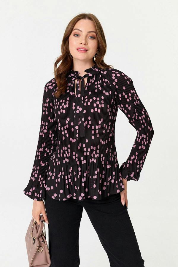 Pink | Spotty Print Long Sleeve Pleated Blouse