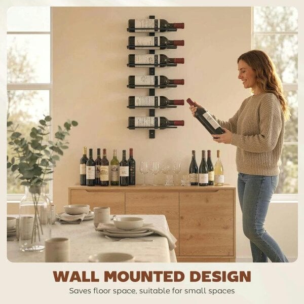 Wall Mounted Wine Rack, 6 Tier Metal Wine Display Rack, Storage Holder for Kitchen, Black