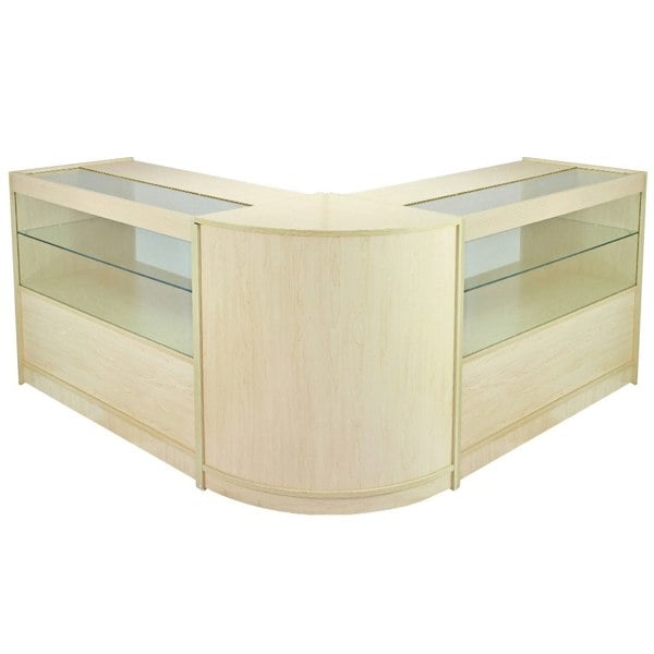 Gemini C1200 display case in light maple finish, featuring curved edges, glass shelves, and a spacious, modern design for showcasing products