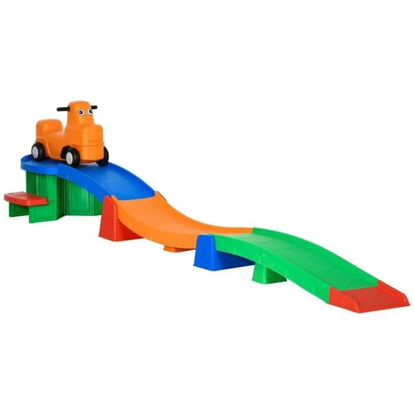 Kids ride-on roller coaster set with orange car and multicolored track
