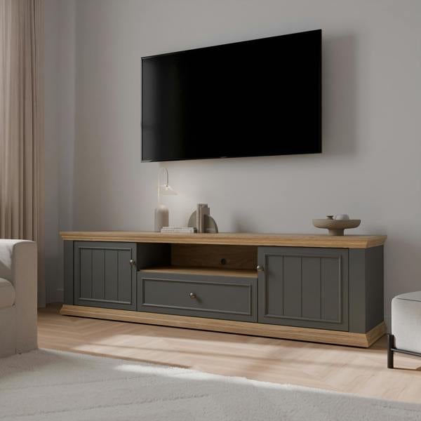 Furniture To Go Pontypool Wide TV Unit with 2 Doors, Drawer & Open Shelf in Grey and Mauvella Oak