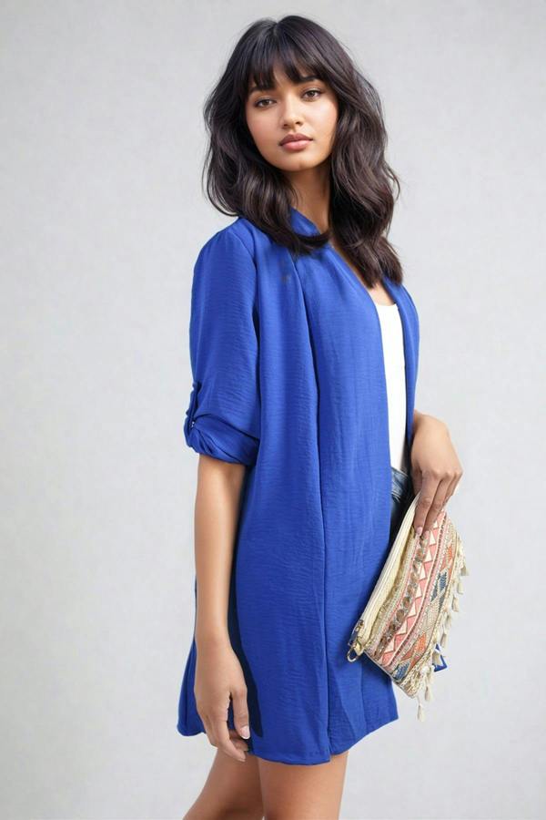 Vivian Open Front Roll Up Sleeve Cardigan - Royal