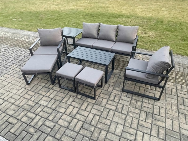 Fimous Aluminium 8 Pieces Garden Furniture Sofa Set with Cushions 8 Seater Outdoor Patio Set with 2 Armchair 3 Footstools Side Table Dark Grey