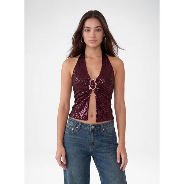 Pink Vanilla Sequin Trim Halter Top